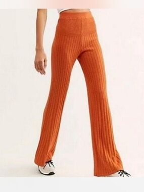 Free People Sunset Heather Ribbed Knit Wide Leg Pants – Burnt Orange Rust small